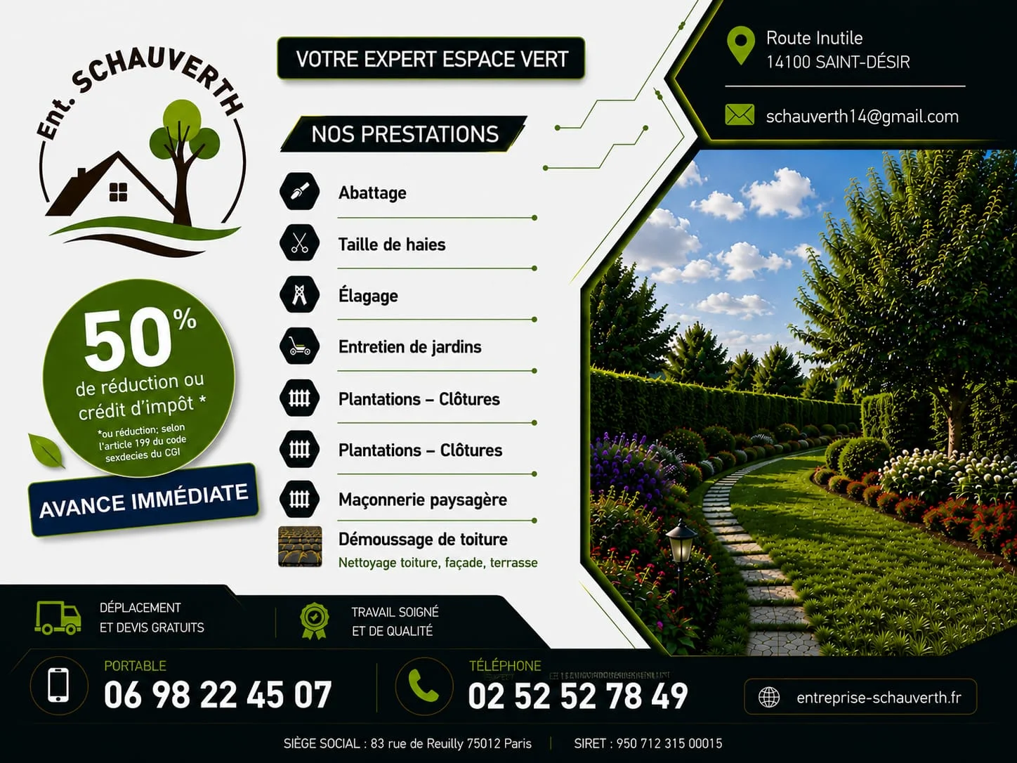 Carte de visite de l'Ent. Schauverth : prestations d'espaces verts, macaron 50 % de réduction ou crédit d'impôt, coordonnées